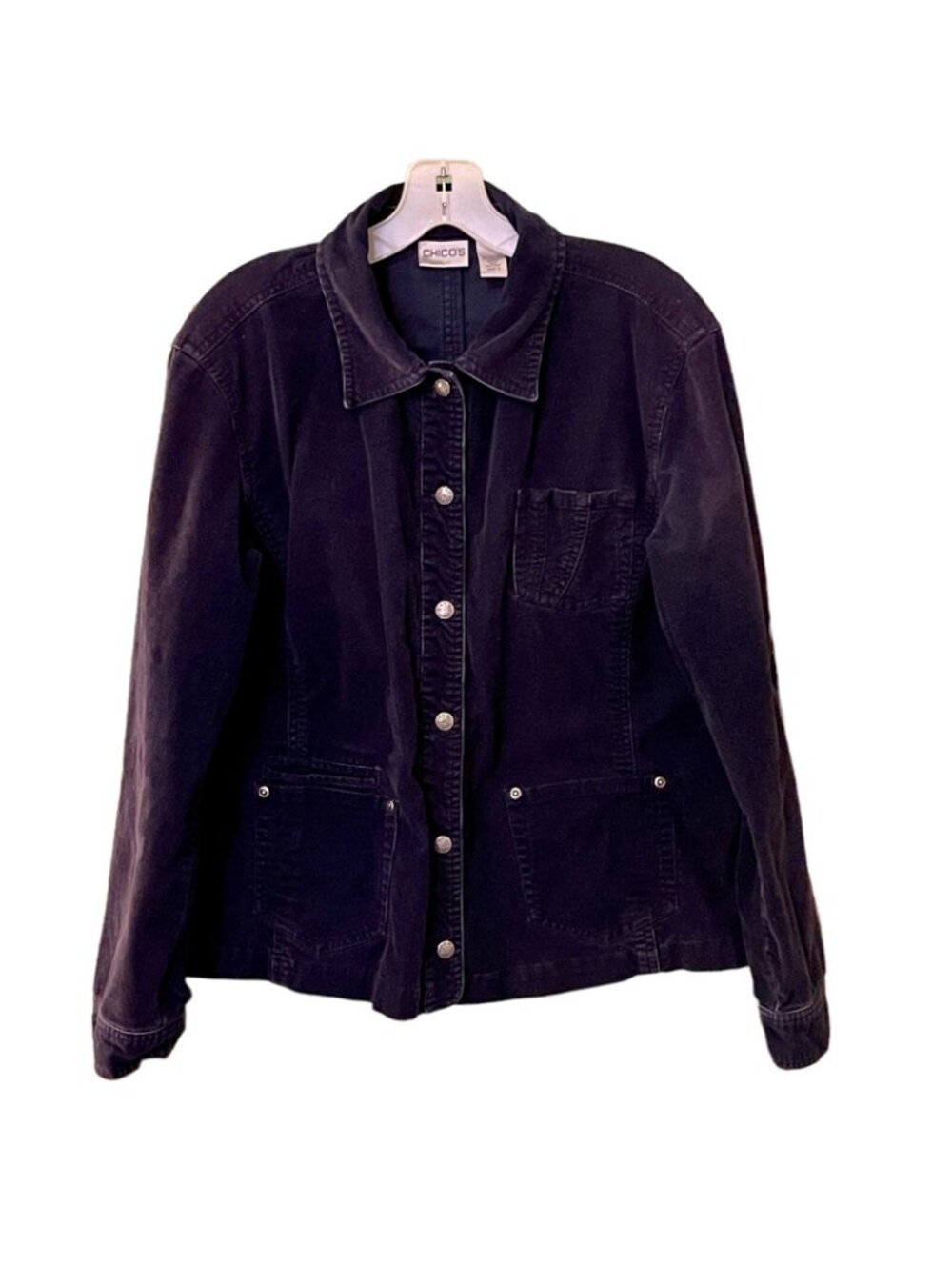 Chico's Corduroy Jacket Navy Blue Women's Size L Preppy Academia Y2K Trucker - Picture 3 of 13